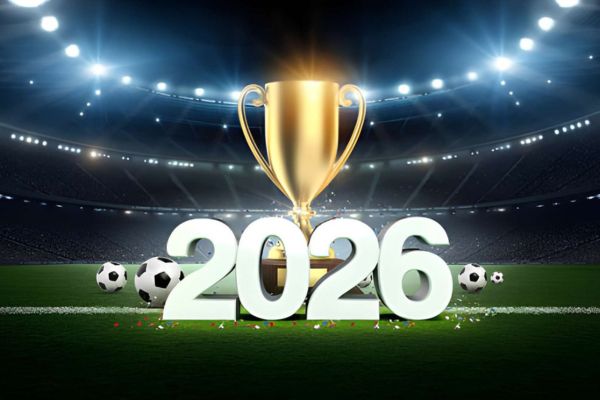 World Cup 2026 Close Protection Mexico City concept featuring golden trophy with 2026 text and soccer balls in a brightly lit stadium
